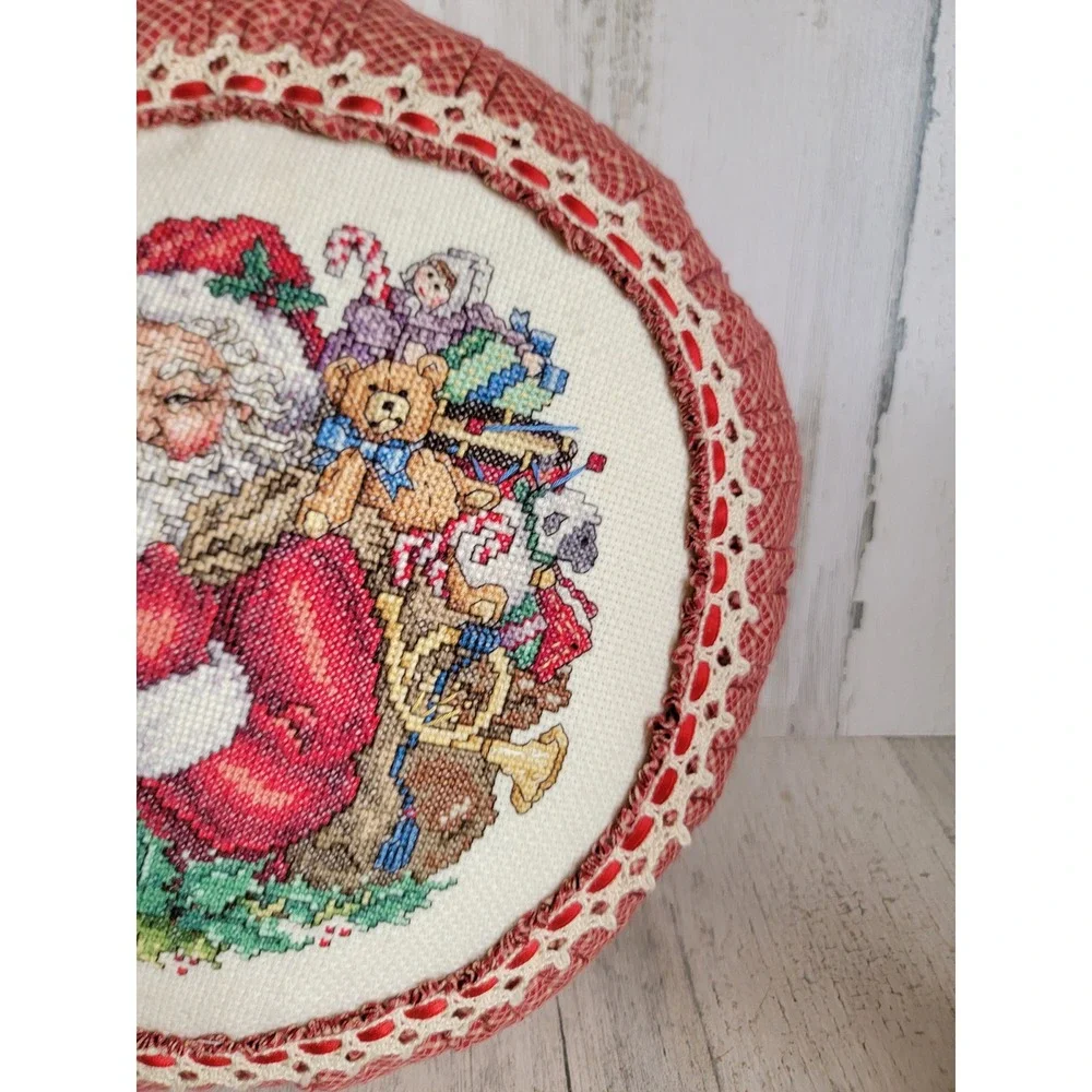 Vintage embroidery circle Santa Claus pillow Xmas red toy bag pattern country